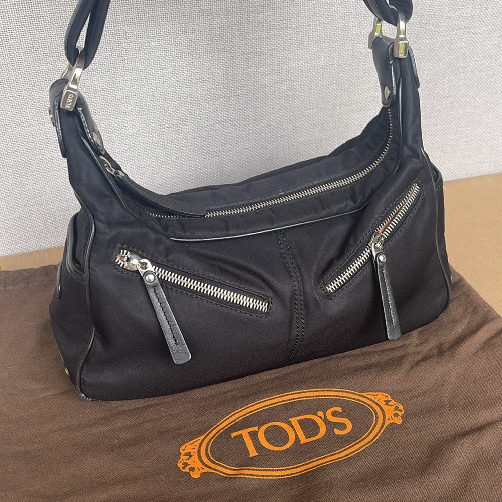 Tod's Black Nylon/Leather Shoulder Bag with Silver Details